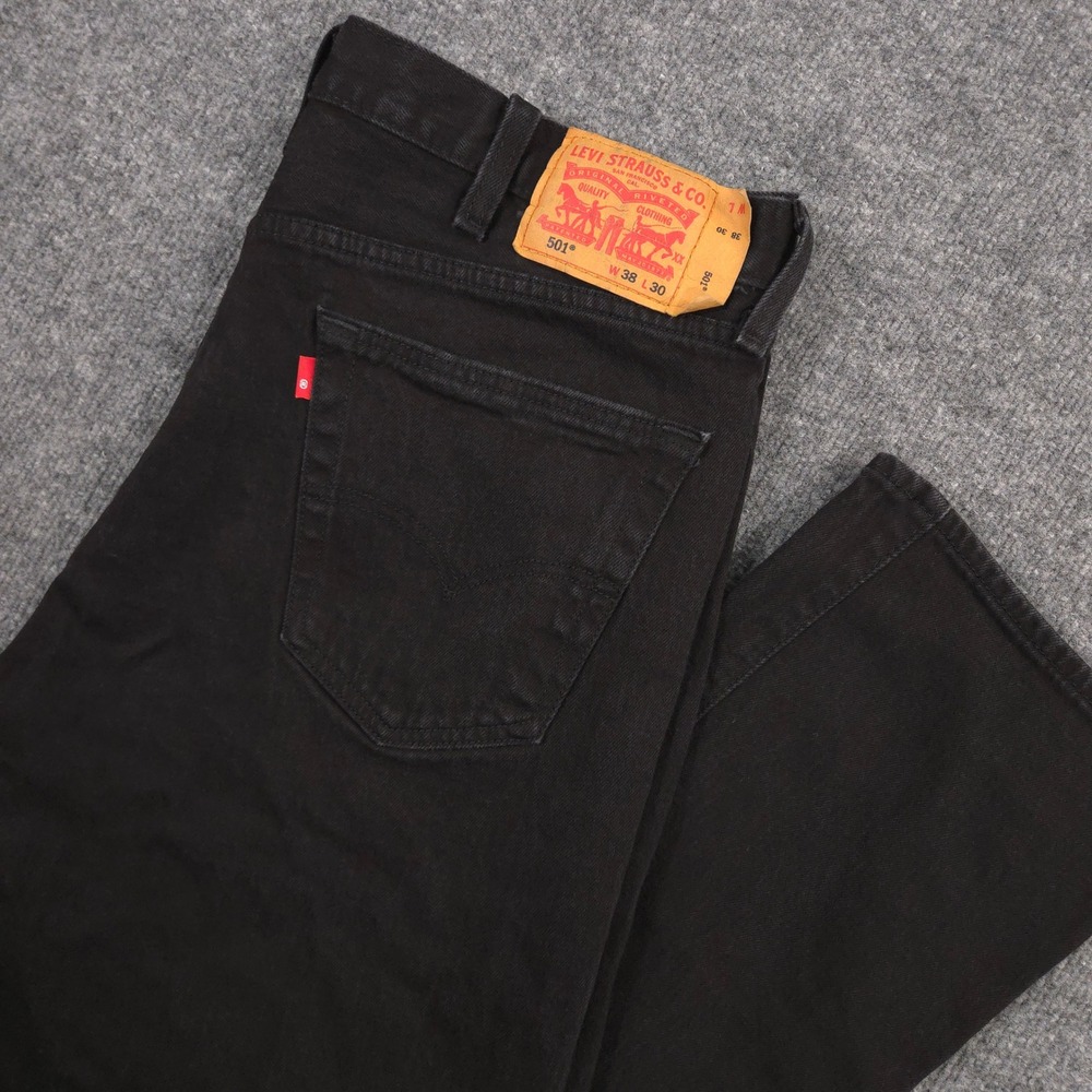 Levis 501 Jeans Mens 38X30 Black Straight Leg Button Fly Blank Tab Dark Denim